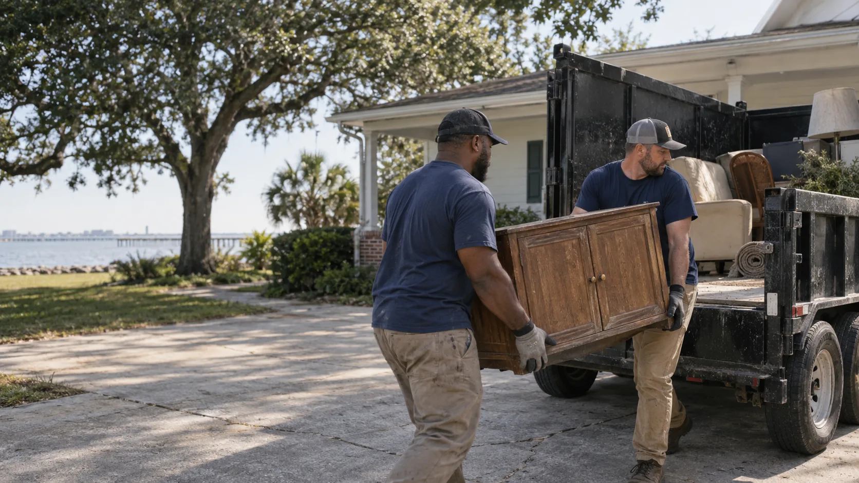 Two workers loading a wooden cabinet into an unbranded trailer