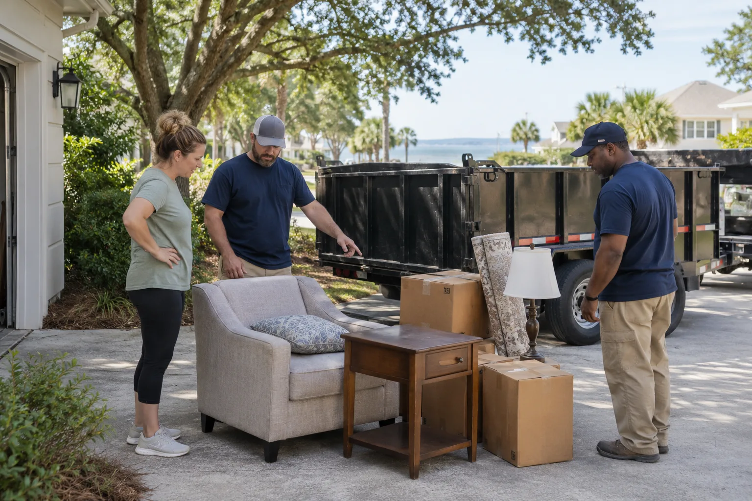 Homeowner reviewing a small group of junk-removal items with a crew